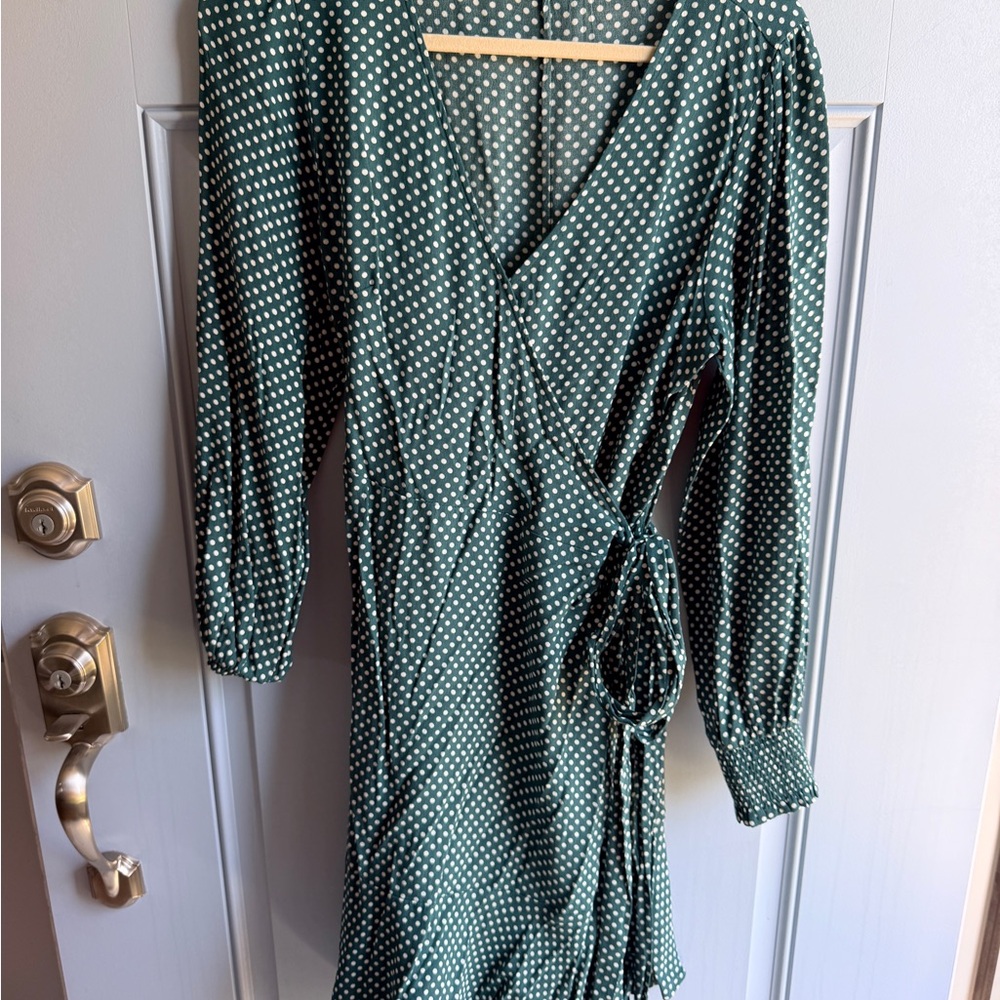 LOFT Forest Green Polka Dot Wrap Midi Dress